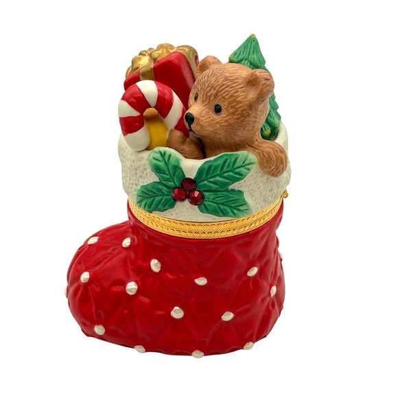 PartyLite Christmas Teddy Bear Hinged Gift Box Stocking Toys Trinket Keepsake - Picture 2 of 10